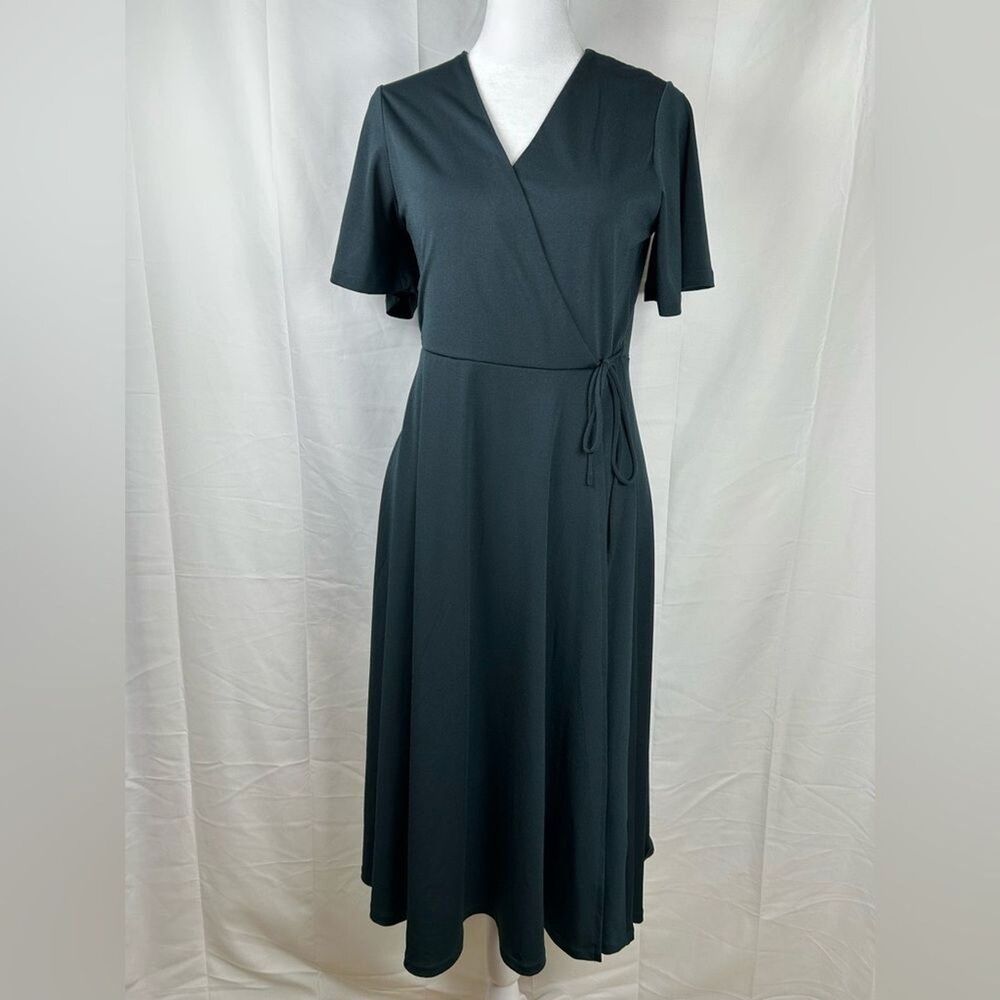 H&M Faux Wrap Dress Women’s Small Navy Blue Tie Waist Midi V-Neck